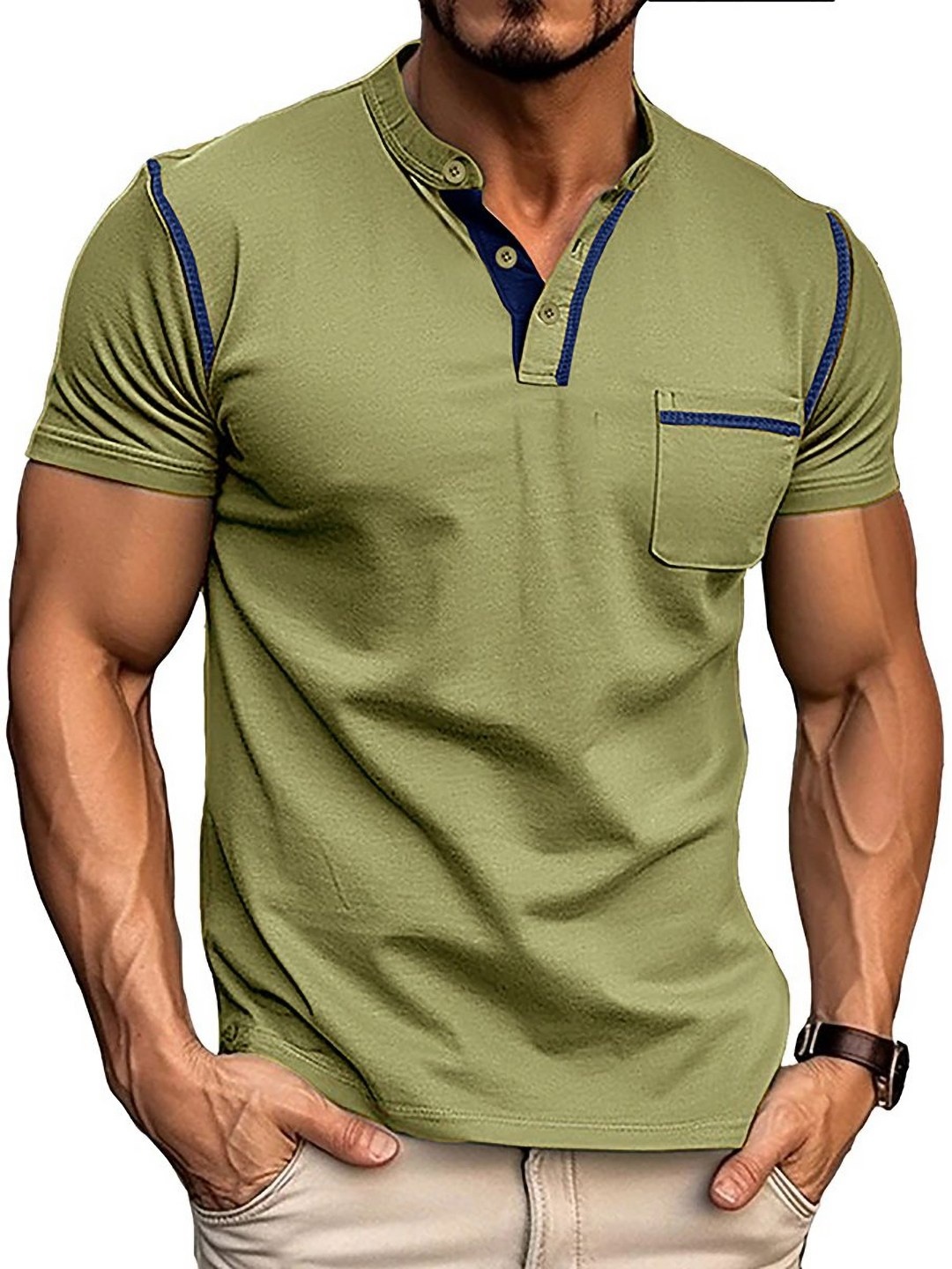 

StyleCast x Revolte Men Solid Henley Neck Cotton T-shirt, Green