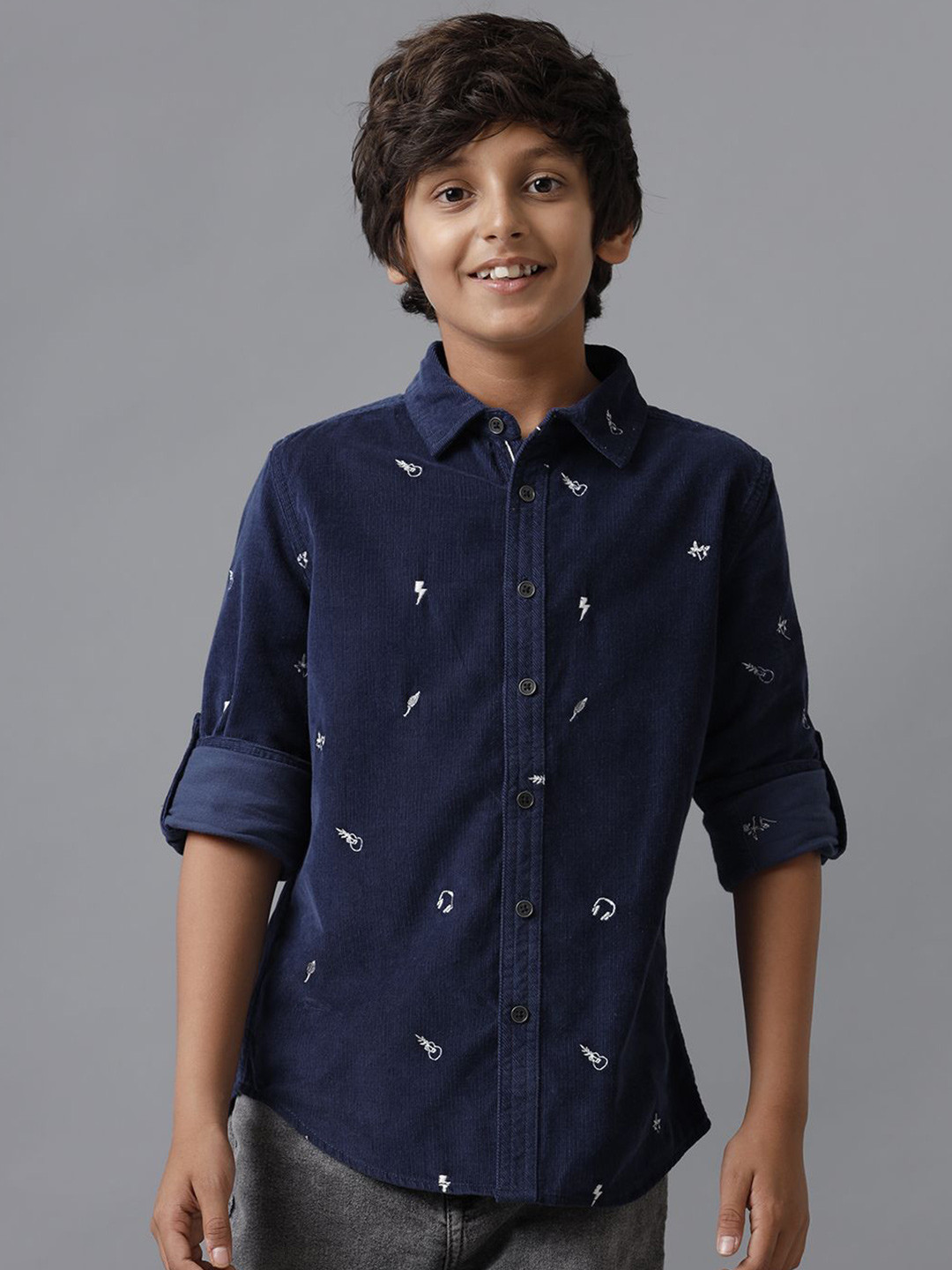 

UNDER FOURTEEN ONLY Boys Spread Collar Conversational Printed Cotton Casual Shirt, Navy blue