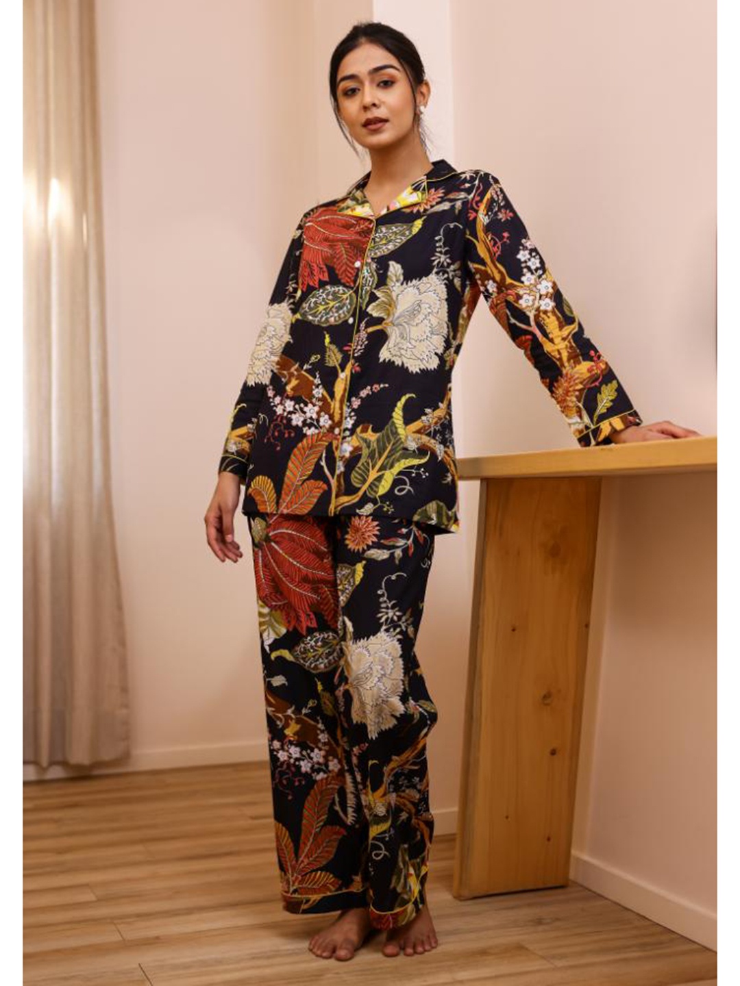 

FLAVIA CREATION Floral Printed Pure Cotton Shirt & Trousers, Black