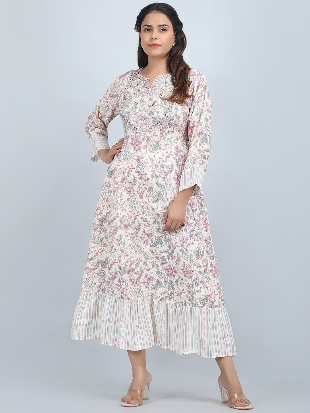 

SHIFORY Women Floral Printed Flared Sleeves Thread Work Anarkali Kurta, Multi