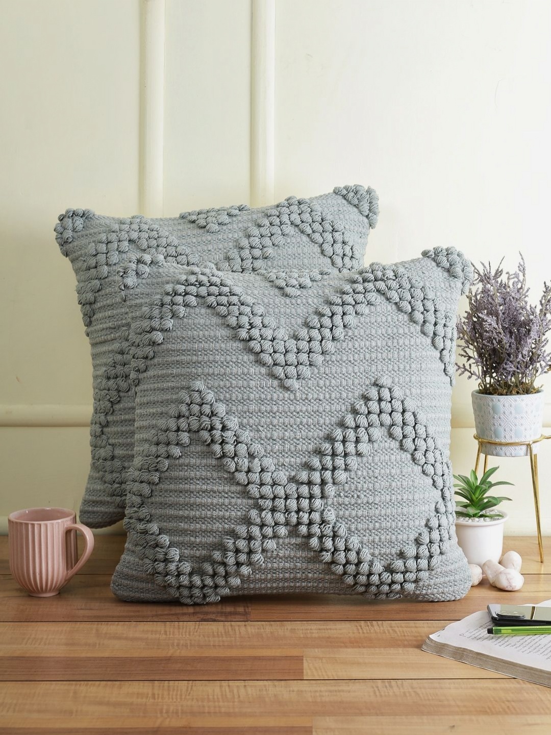 

eyda Blue 2 Pieces Textured Cotton Square Cushion Covers