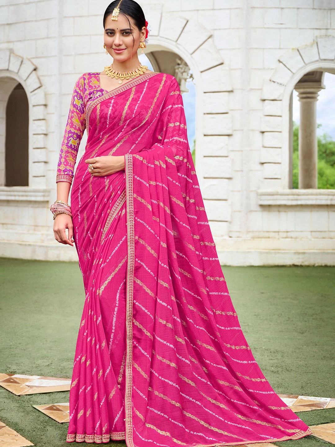 

Laxmipati Striped Sequinned Poly Chiffon Saree, Pink