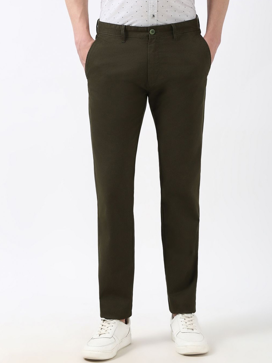 

Peter England Casuals Men Printed Super Slim Fit Cotton Trousers, Olive