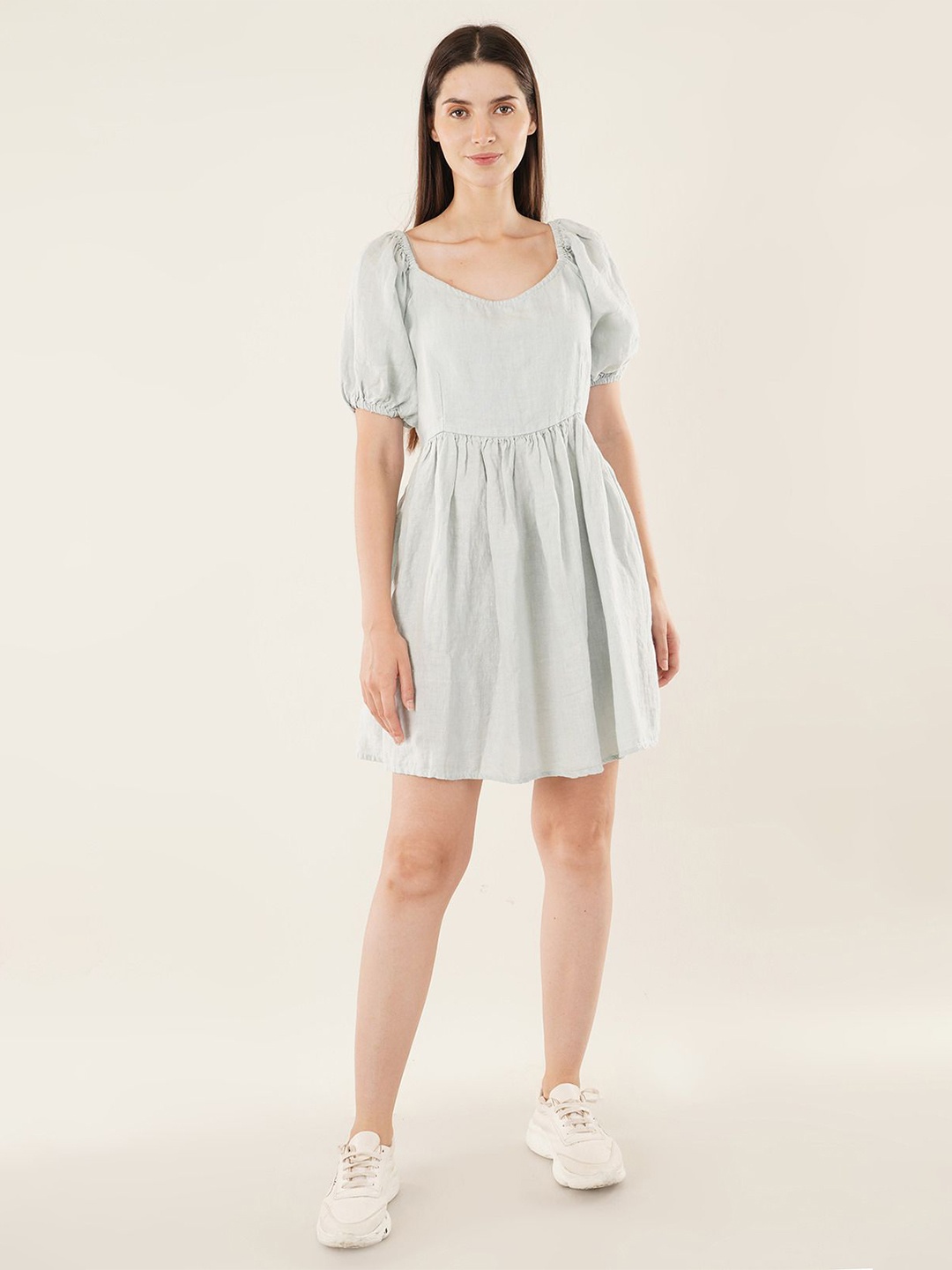 

Linen Options Women Solid Puff Sleeve Linen Fit & Flare Dress, Blue