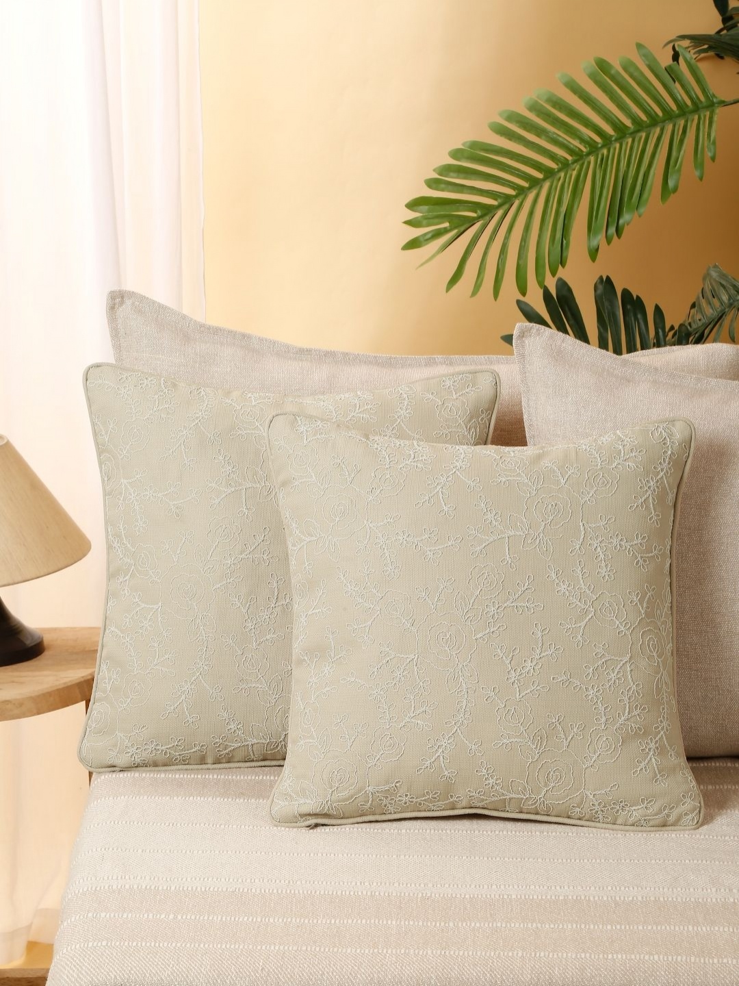 

eyda Beige 2 Pieces Floral Embroidered Square Cushion Covers