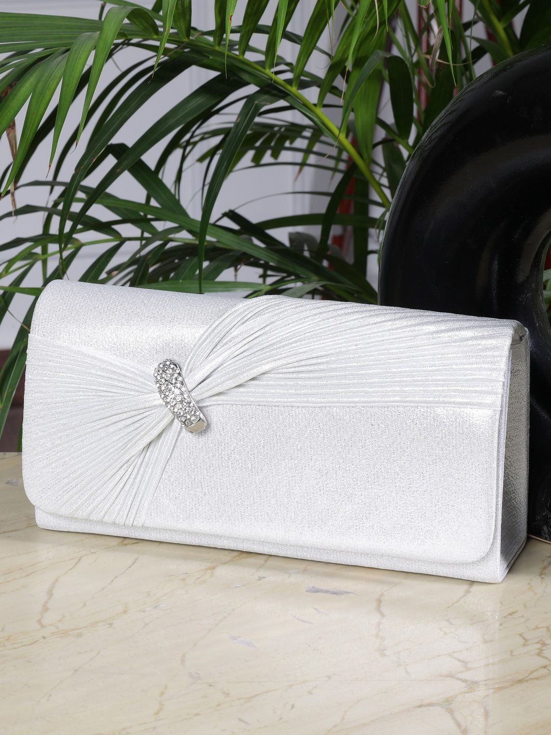 

SAZARA Embellished Foldover Clutch, Silver