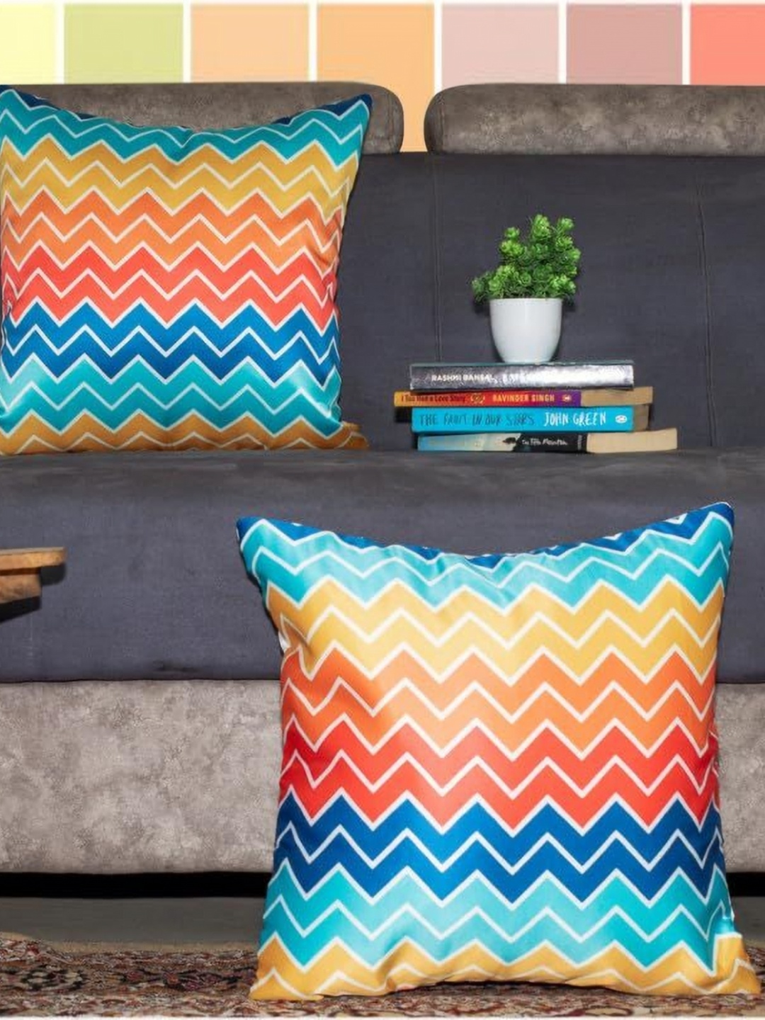 

Vendola Blue & Orange Colored 2 Pieces Chevron Printed Satin Square Cushion Covers
