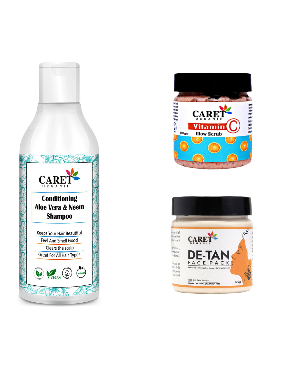 

CARET ORGANIC Aloe vera Shampoo-200ml, Vitamin C Glow Scrub -100g & De Tan Face Pack-100g, White