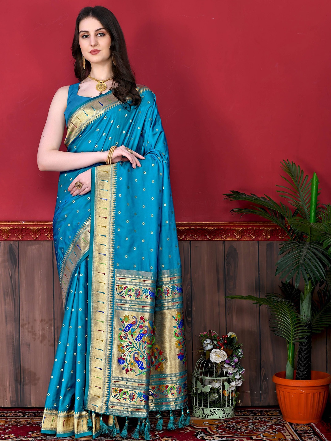 

Zeekha Woven Design Zari Pure Silk Kanjeevaram Saree, Turquoise blue