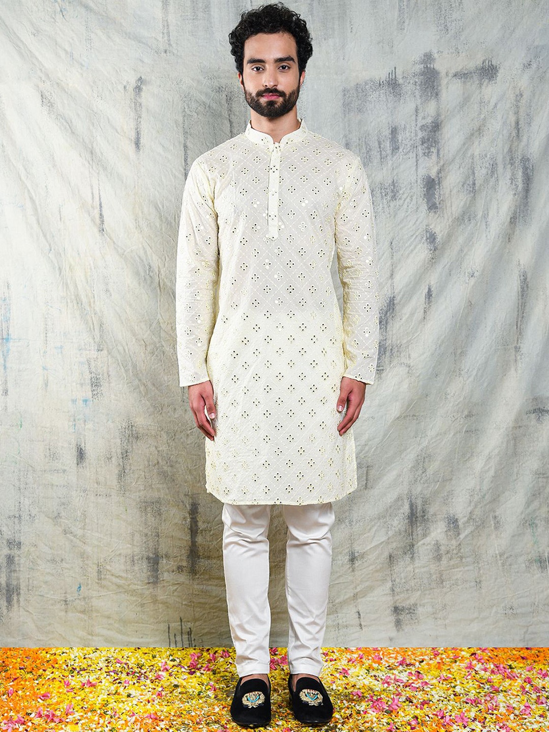 

Be Desi Floral Embroidered Straight Mirror Work Kurta with Pyjamas, Cream