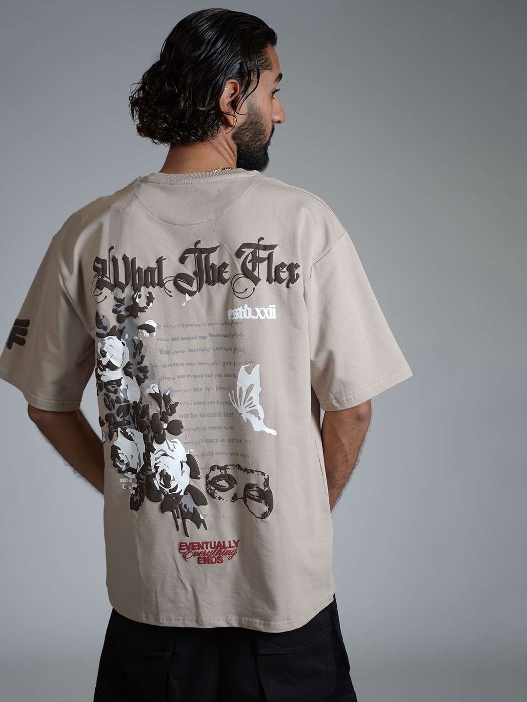 

WHAT THE FLEX Unisex Typography Printed Round Neck Cotton Oversized T-shirt, Beige