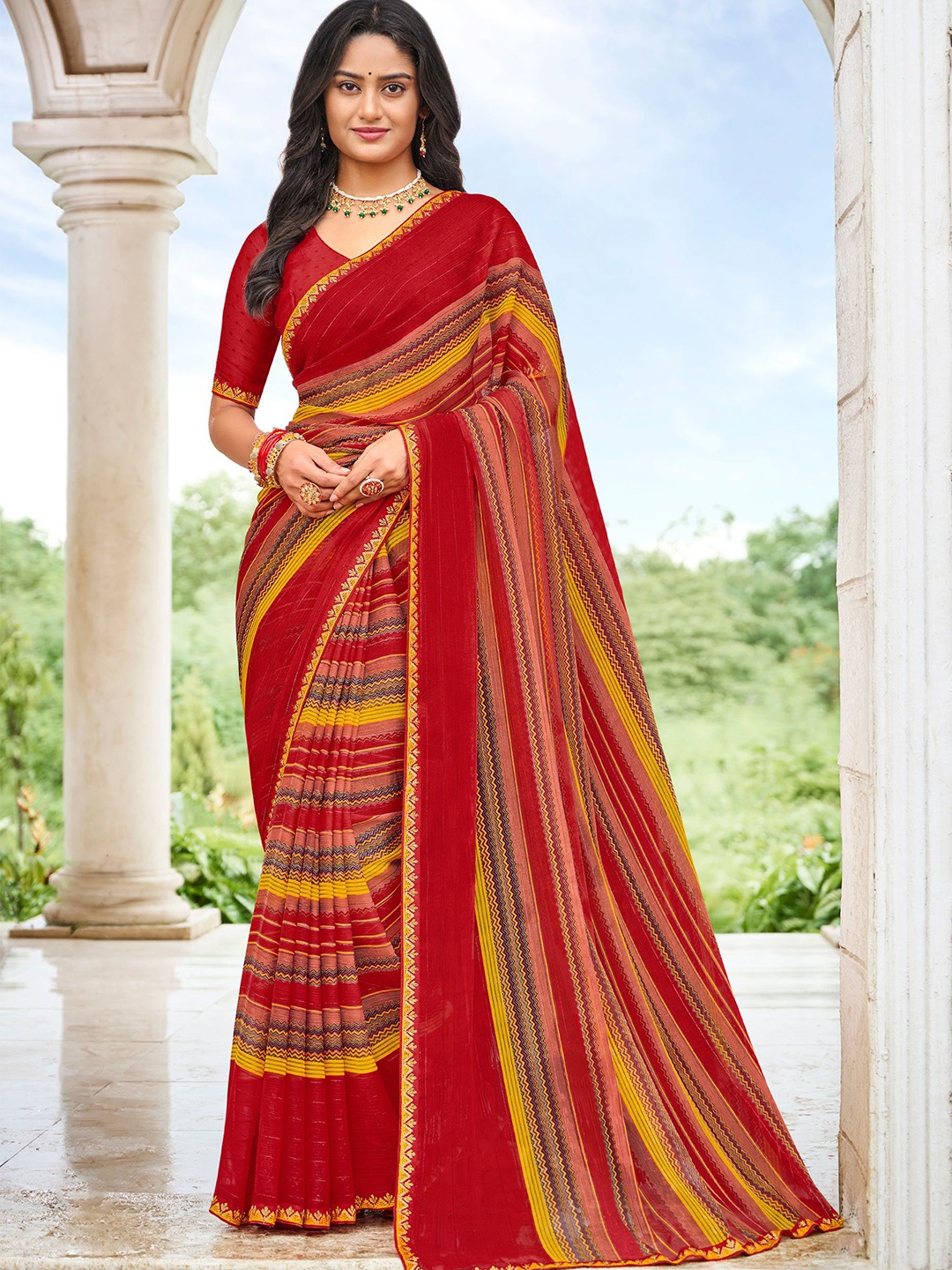 

Laxmipati Striped Sequinned Poly Chiffon Saree, Red