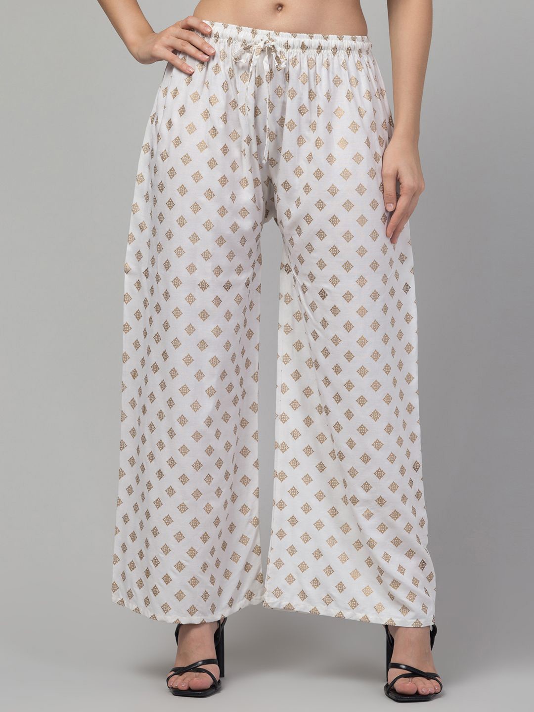 

FAMBEE Women Printed Flared Knitted Ethnic Palazzos, Cream