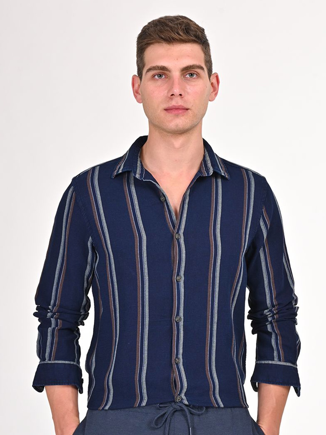 

POE Men Smart Slim Fit Opaque Striped Casual Shirt, Brown