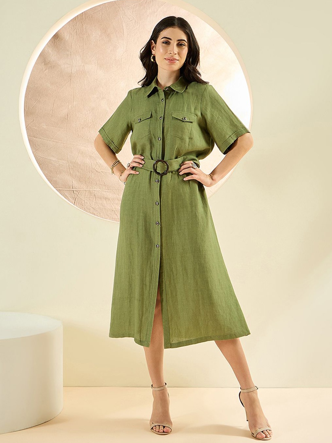 

First Resort by Ramola Bachchan Women Linen Belted Shirt Midi Dress, Olive