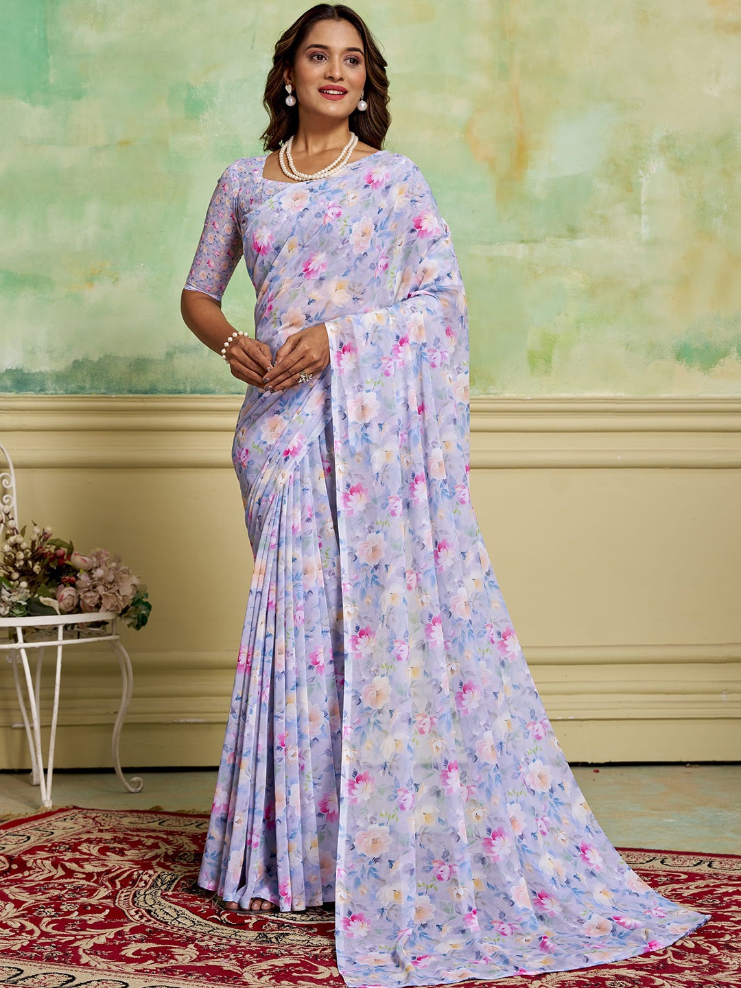 

KAYOMMI Floral Printed Pure Georgette Saree, Lavender