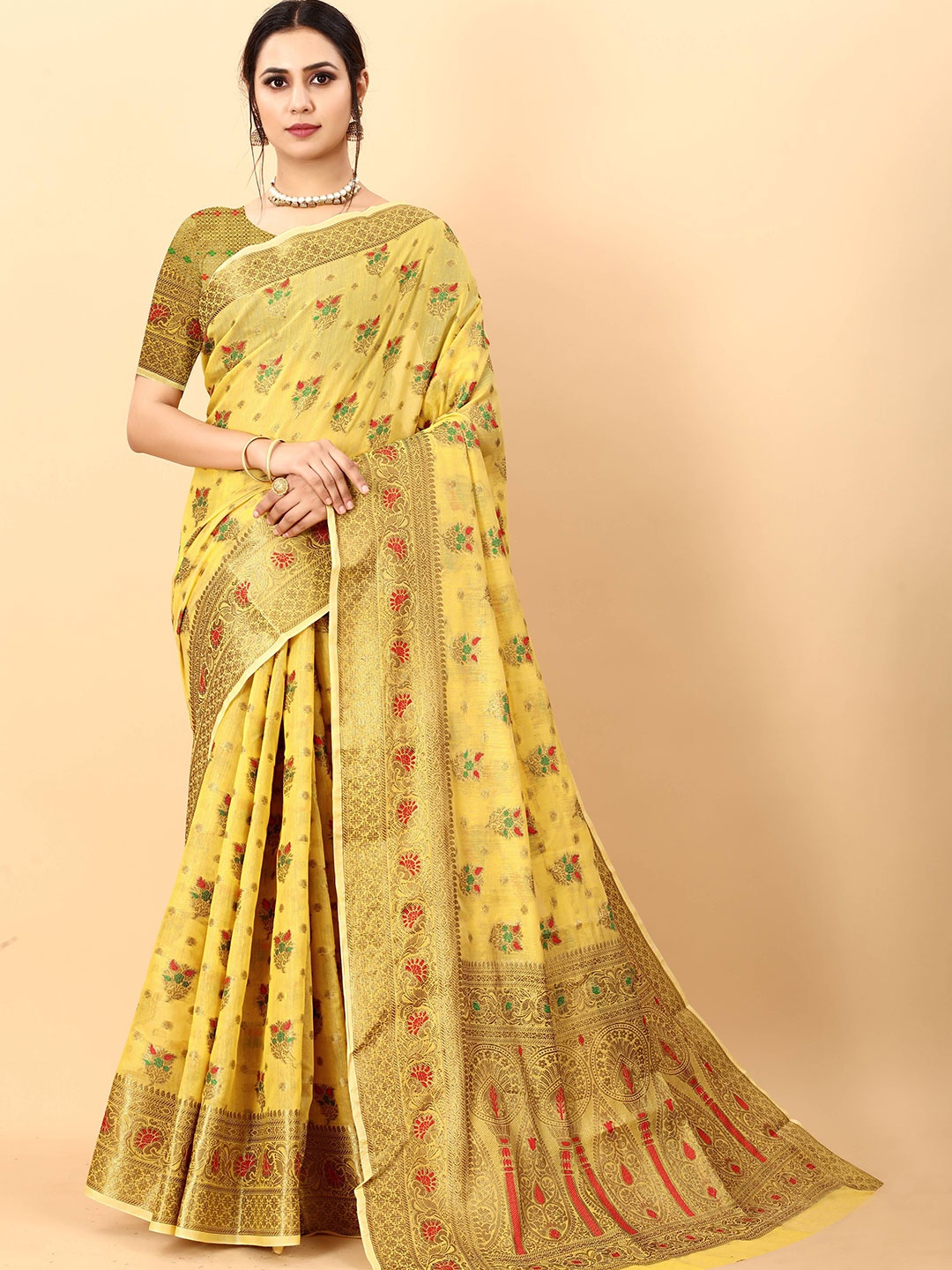 

Zeekha Woven Design Zari Pure Silk Kanjeevaram Saree, Yellow