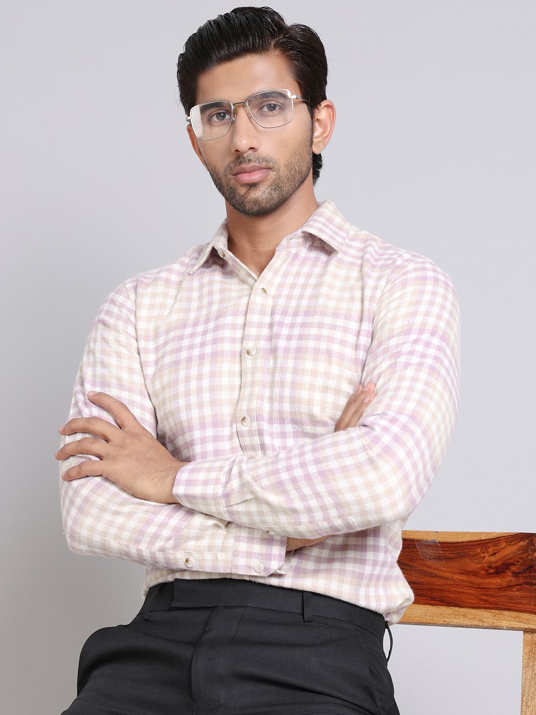 

Indian Needle Men Classic Spread Collar Gingham Checked Cotton Formal Shirt, Purple