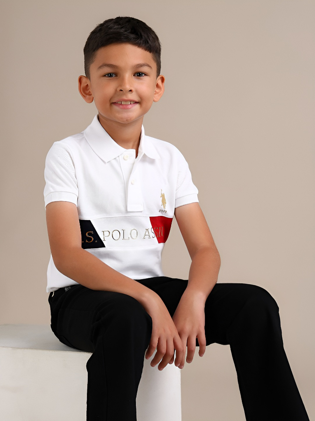 

U.S. Polo Assn. Kids Boys Brand Logo Printed Polo Collar Cotton T-shirt, White