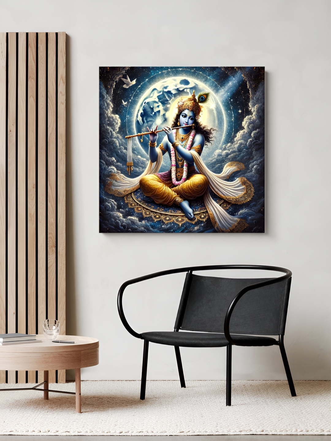 

999Store Blue & Yellow Lord Krishna Flute Printed Religious Canvas Painting Wall Art