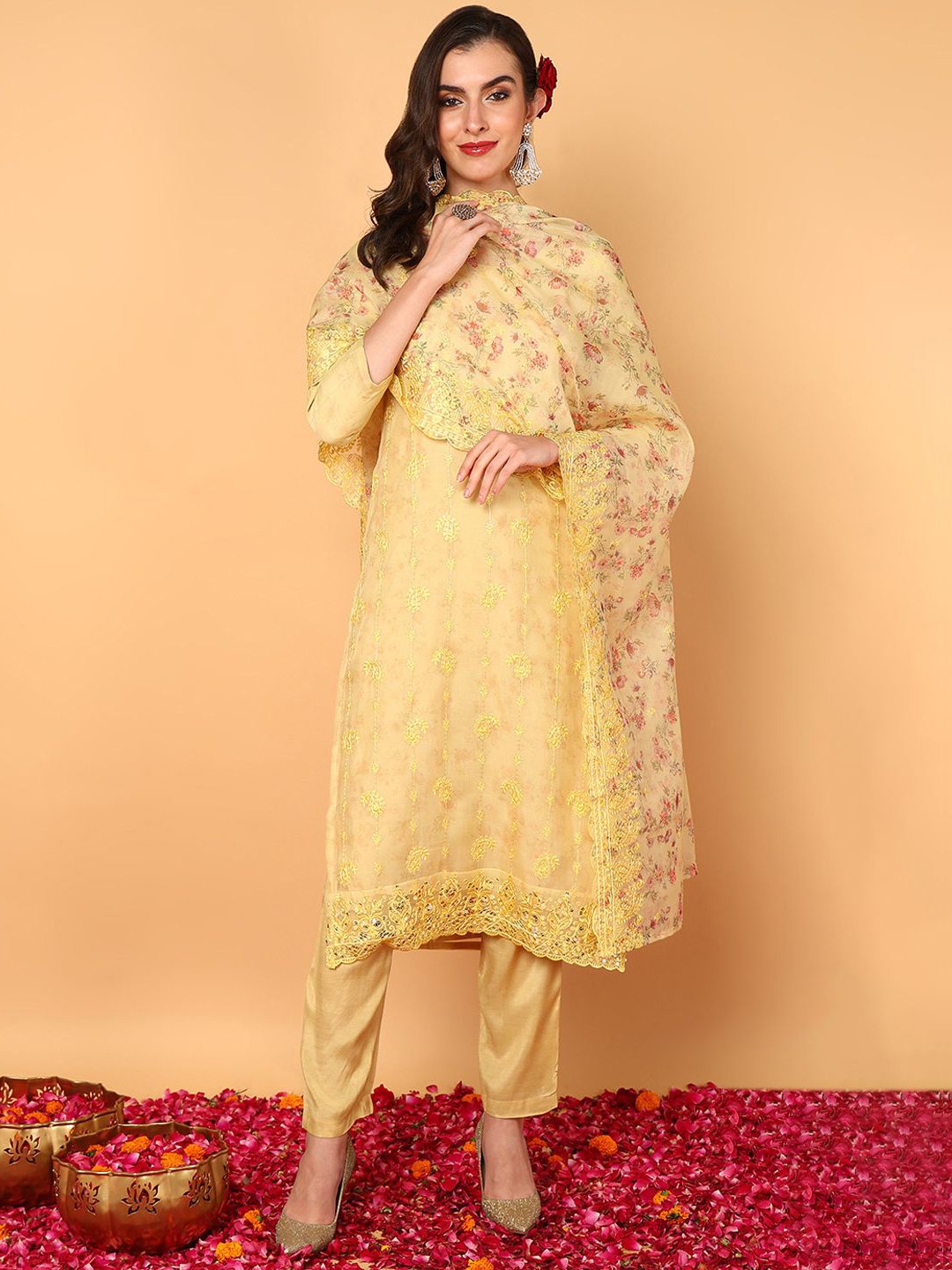 

KALINI Ethnic Motifs Embroidered Sequinned Kurta With Trousers & Dupatta, Yellow