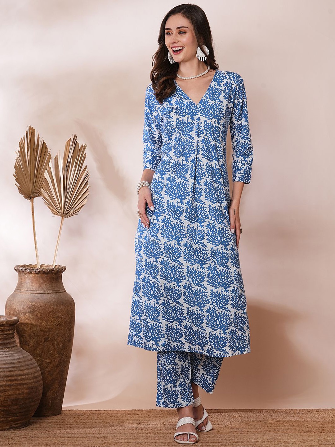 

FASHOR Abstract Printed A-Line Tunic With Trousers Co-Ords, Blue