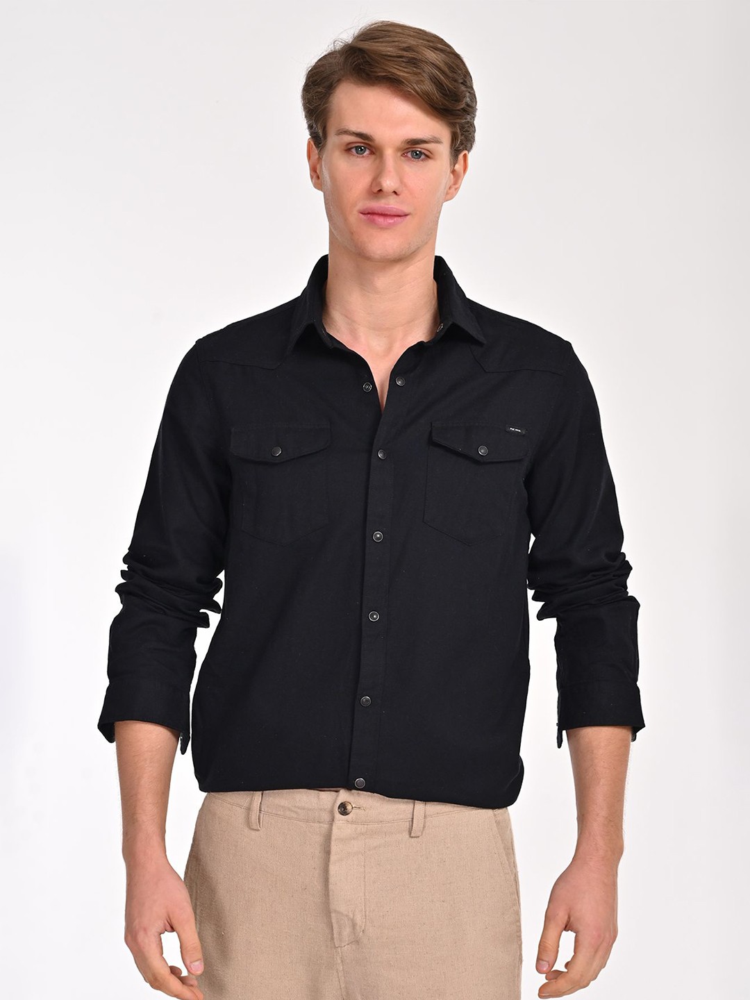

POE Men Smart Slim Fit Opaque Casual Shirt, Black