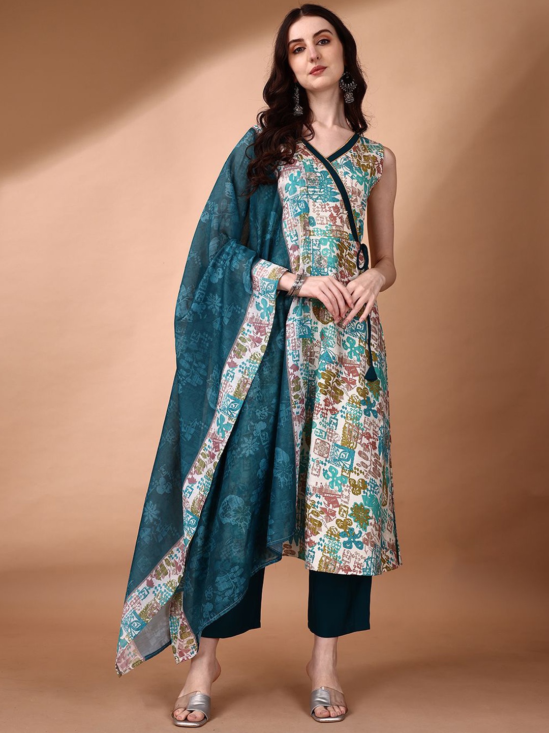 

KALINI Ethnic Motifs Printed Angrakha A-Line Kurta with Palazzos & Dupatta, Green