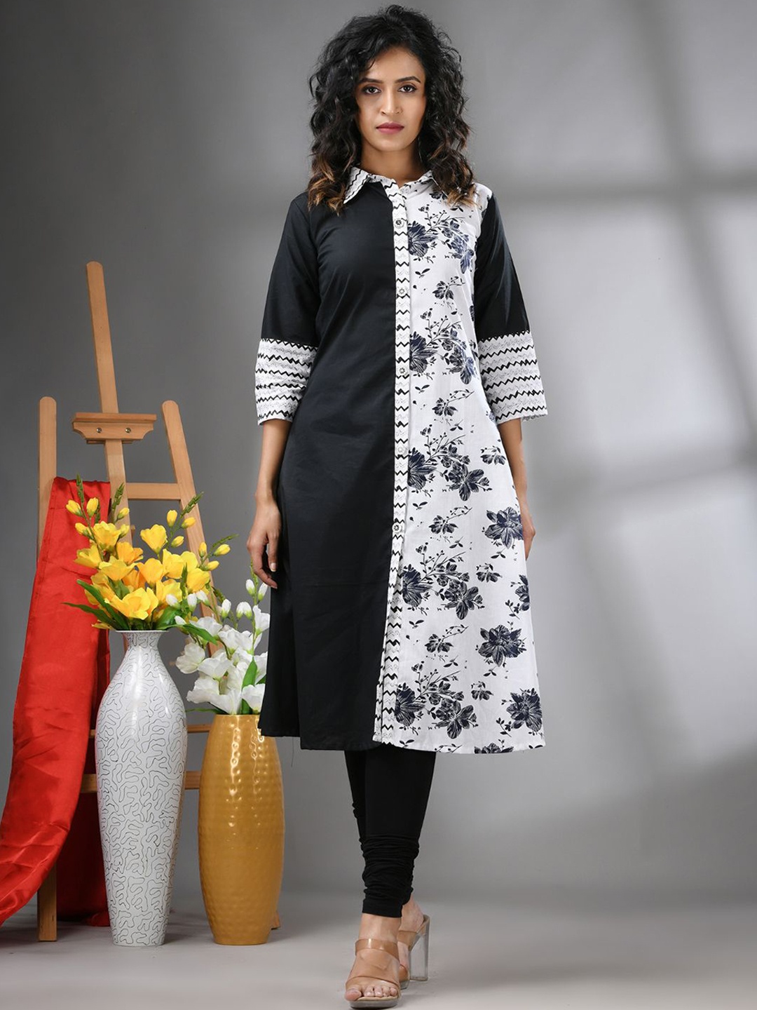

Charukriti Women Floral Kurta, Black