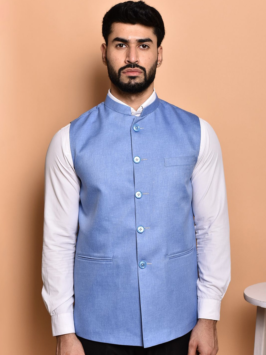 

PRINTCULTR Textured Woven Nehru Jacket, Blue