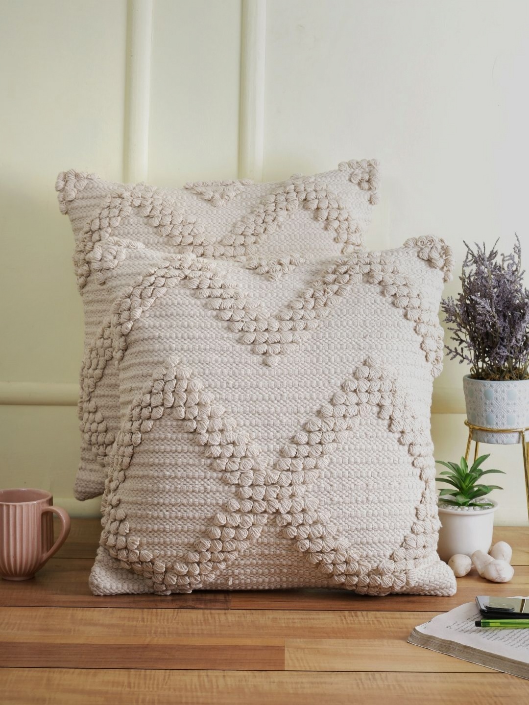 

eyda Cream Coloured 2 Pieces Textured Cotton Square Cushion Covers