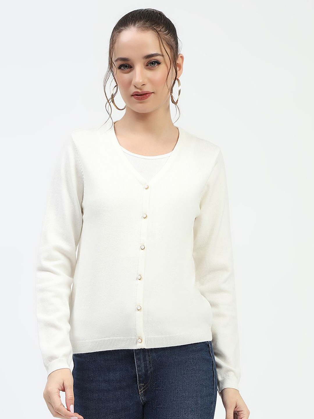 

Madame Women Round Neck Cardigan Sweater, Off white