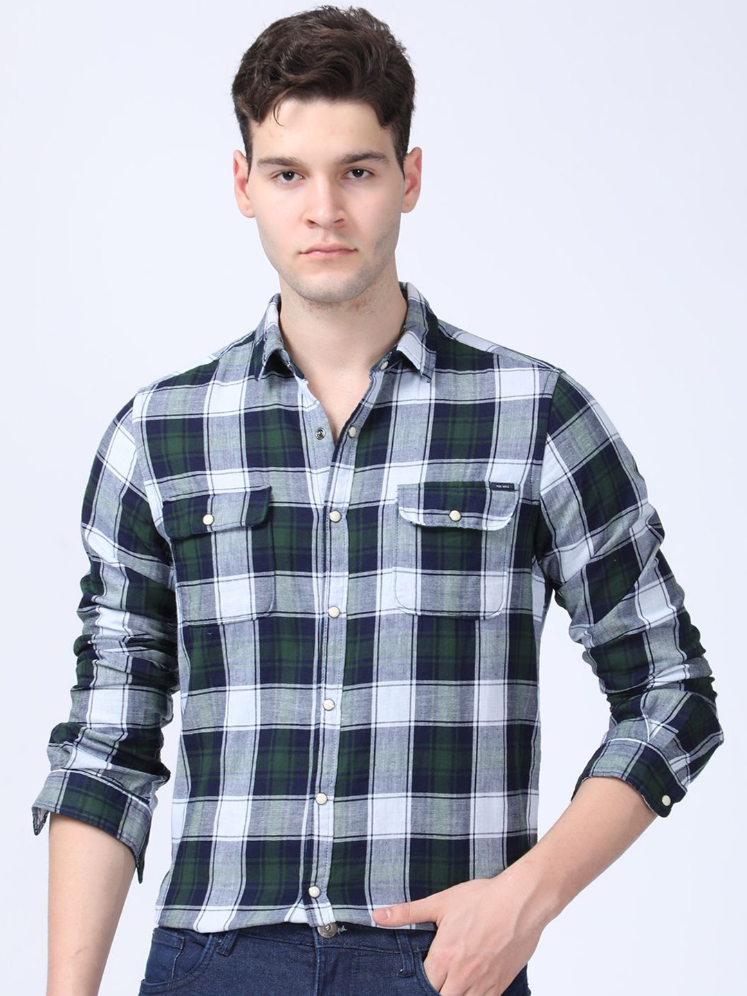 

POE Men Smart Slim Fit Gingham Checks Opaque Checked Casual Shirt, Green