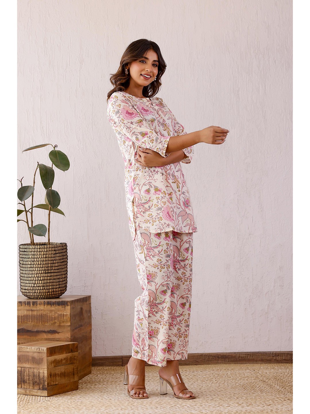 

FLAVIA CREATION Printed Pure Cotton Tunic With Trousers, White