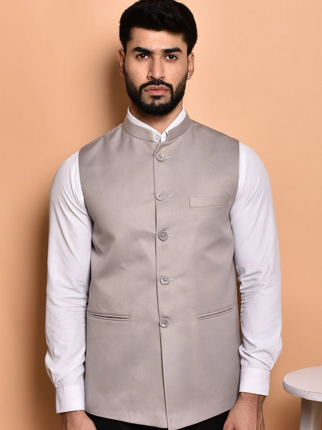 

PRINTCULTR Textured Woven Nehru Jacket, Grey