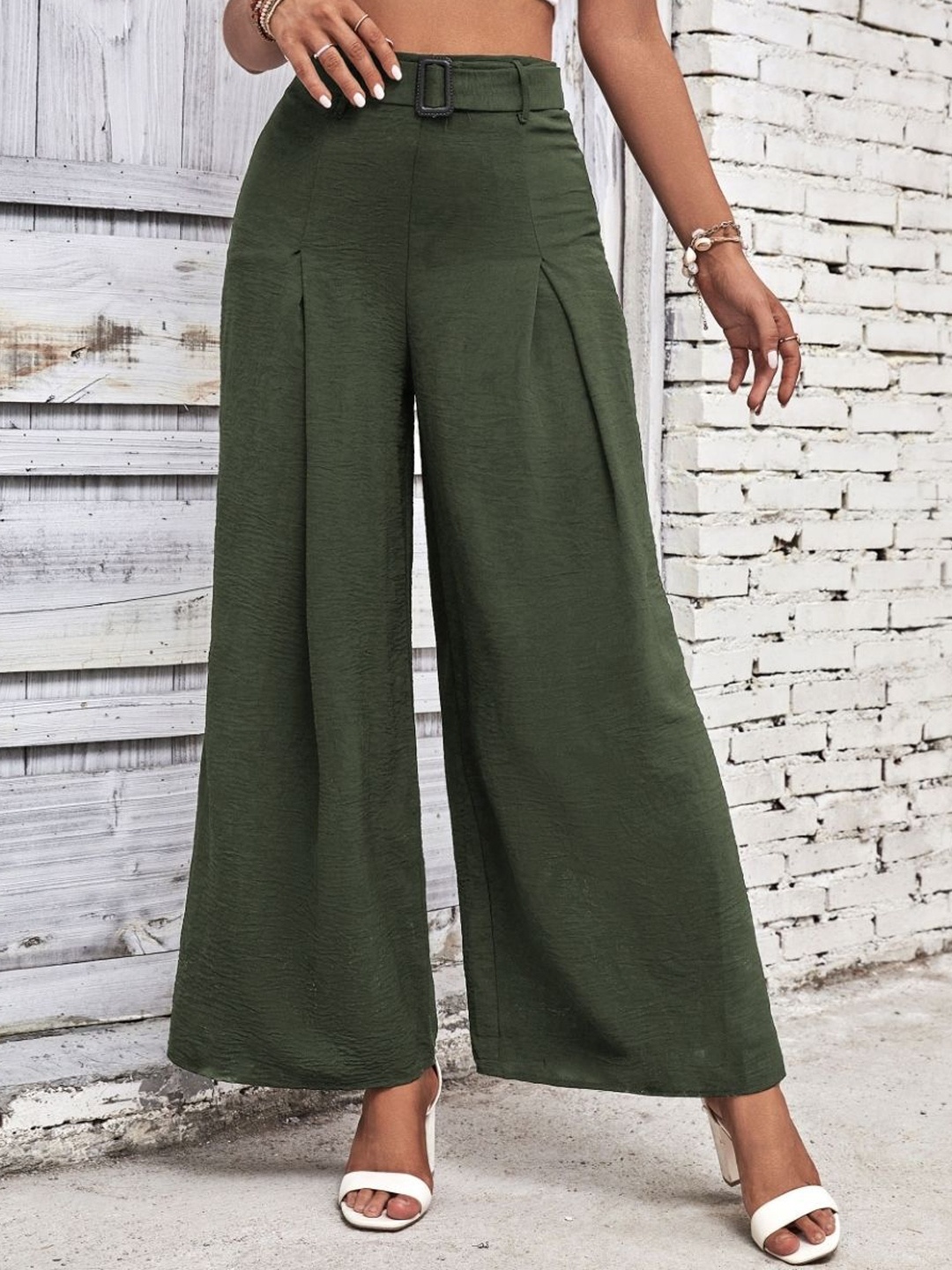 

KPOP Women Mid-Rise Wide Leg Tailored Trousers, Green