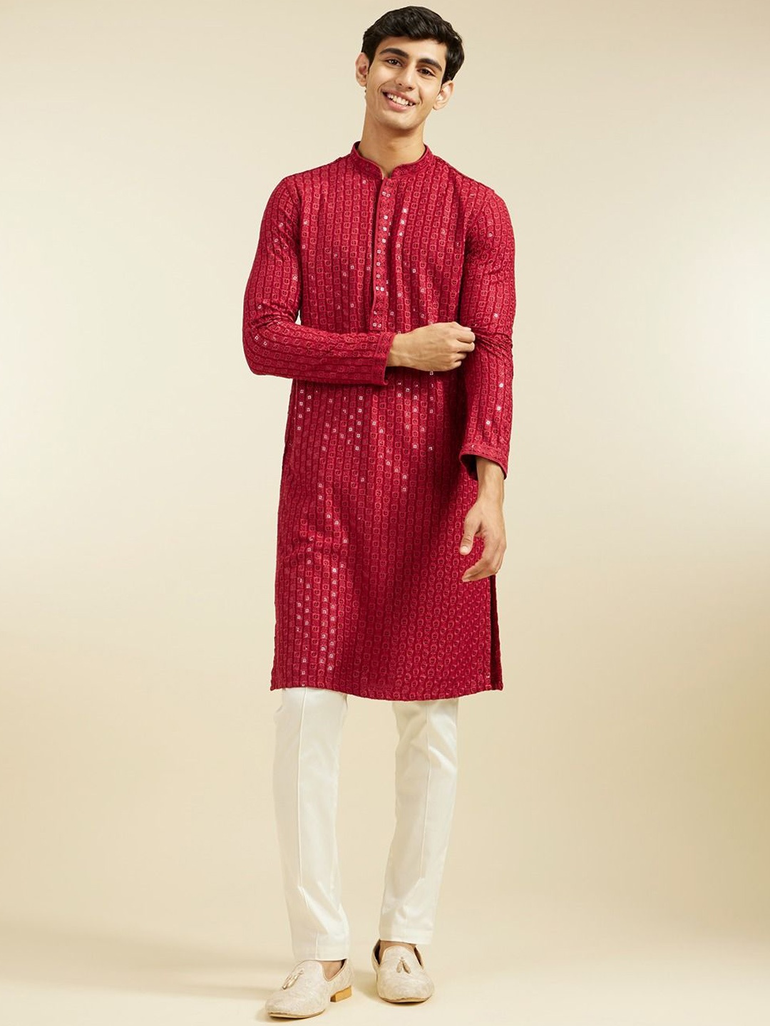 

Diwas by Manyavar Geometric Chikankari Embroidered & Sequinned Mandarin Collar Kurta, Maroon