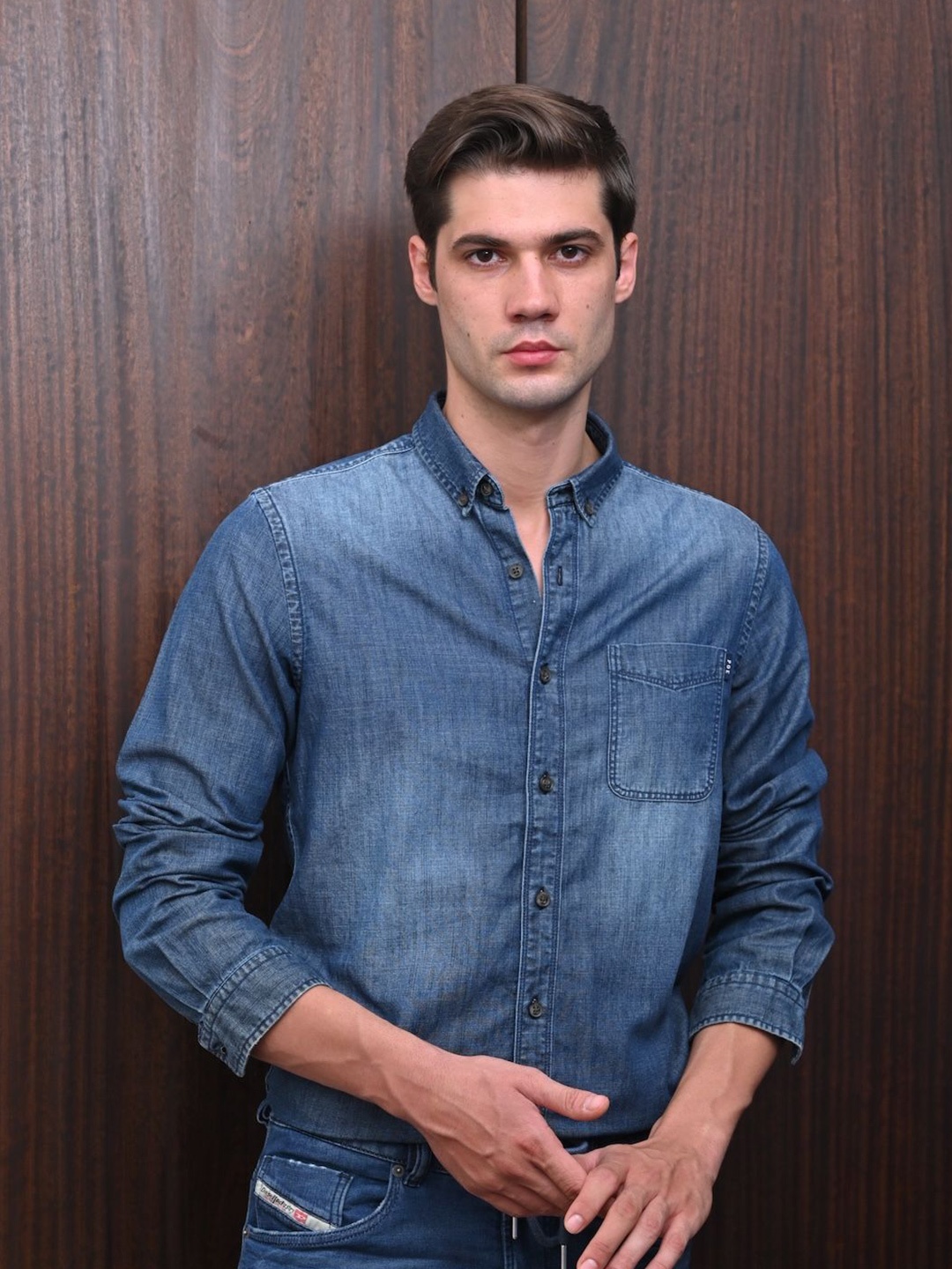 

POE Men Smart Slim Fit Faded Opaque Checked Casual Shirt, Navy blue