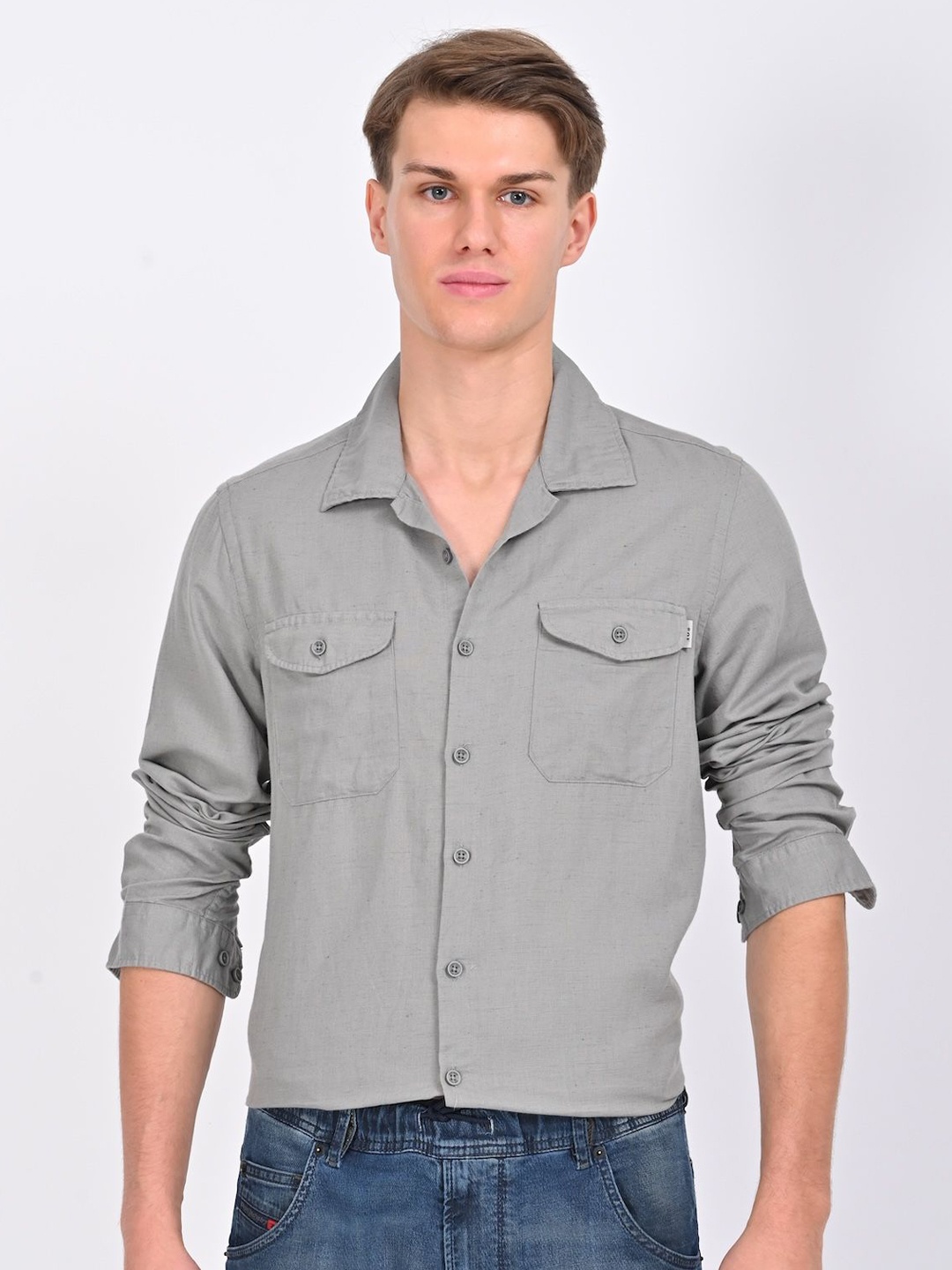 

POE Men Smart Slim Fit Opaque Casual Shirt, Grey