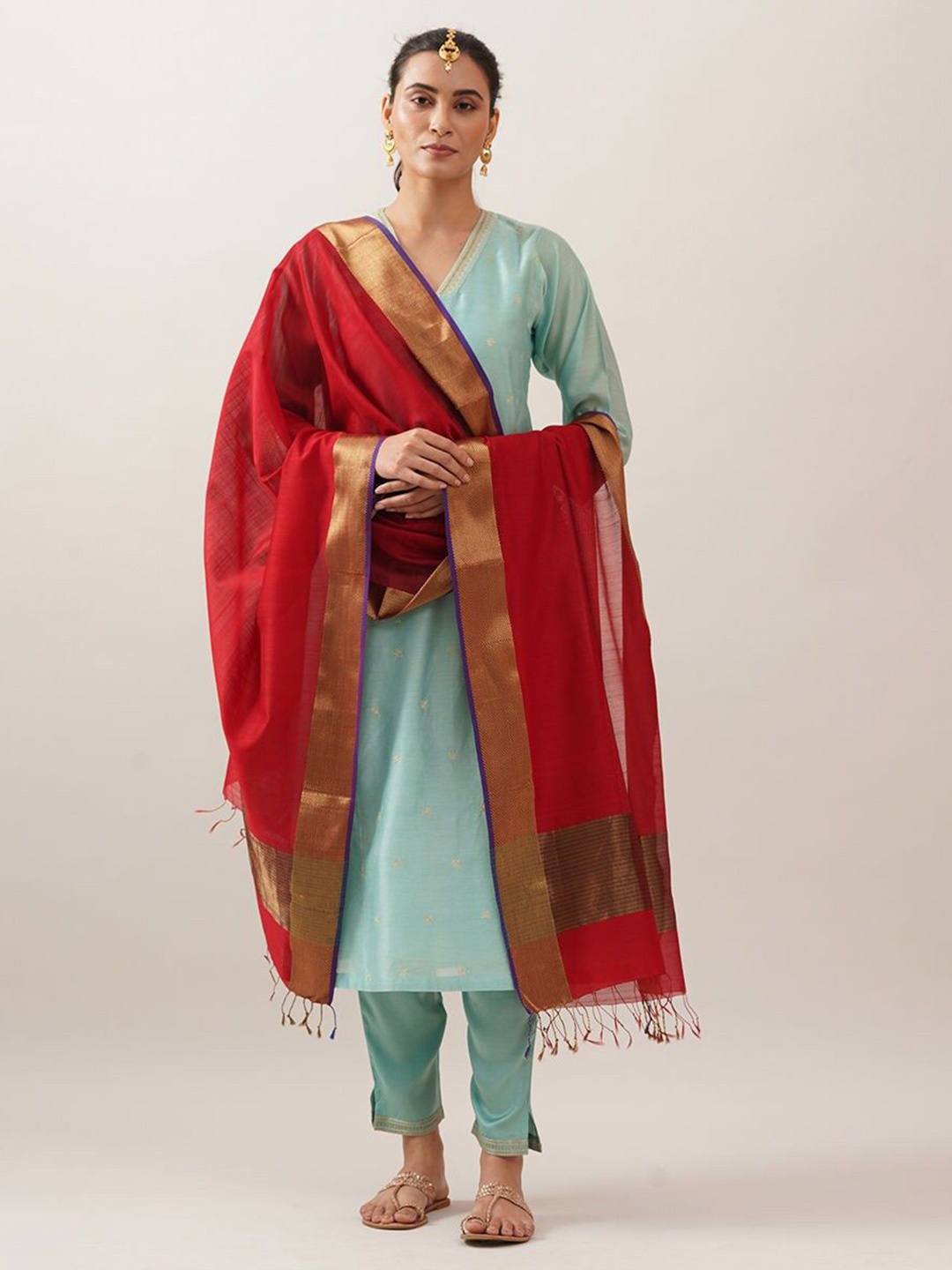 

JAYPORE Cotton Silk Dupatta, Red