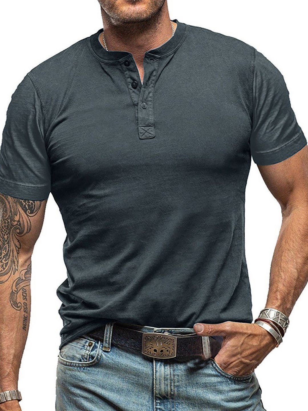 

StyleCast x Revolte Men Solid Henley Neck Cotton T-shirt, Grey