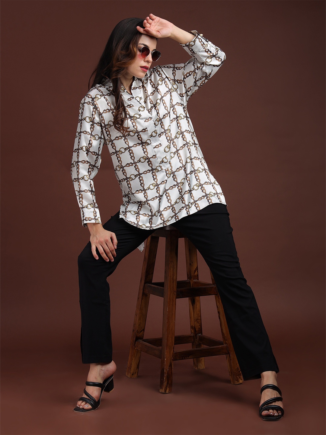 

Fashion Gaiia Women Comfort Mandarin Collar Abstract Printed Party Shirt, White