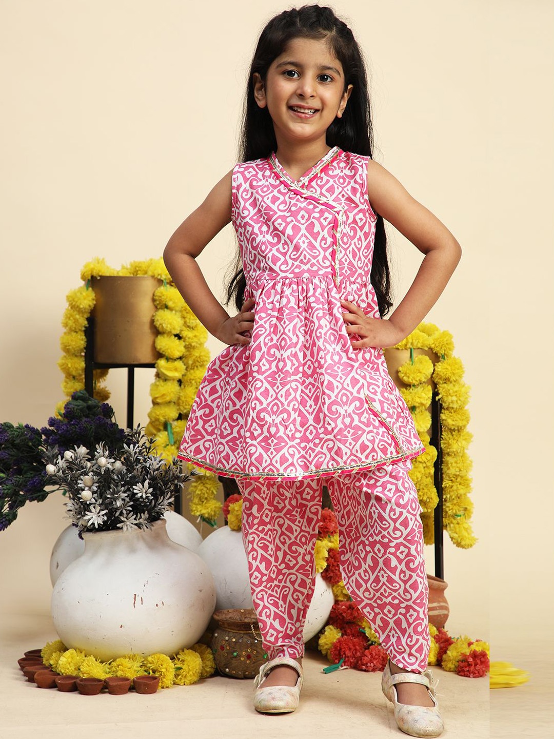 

Cutiekins Girls Ethnic Motifs Printed Angrakha Kurta with Dhoti Pants, Pink