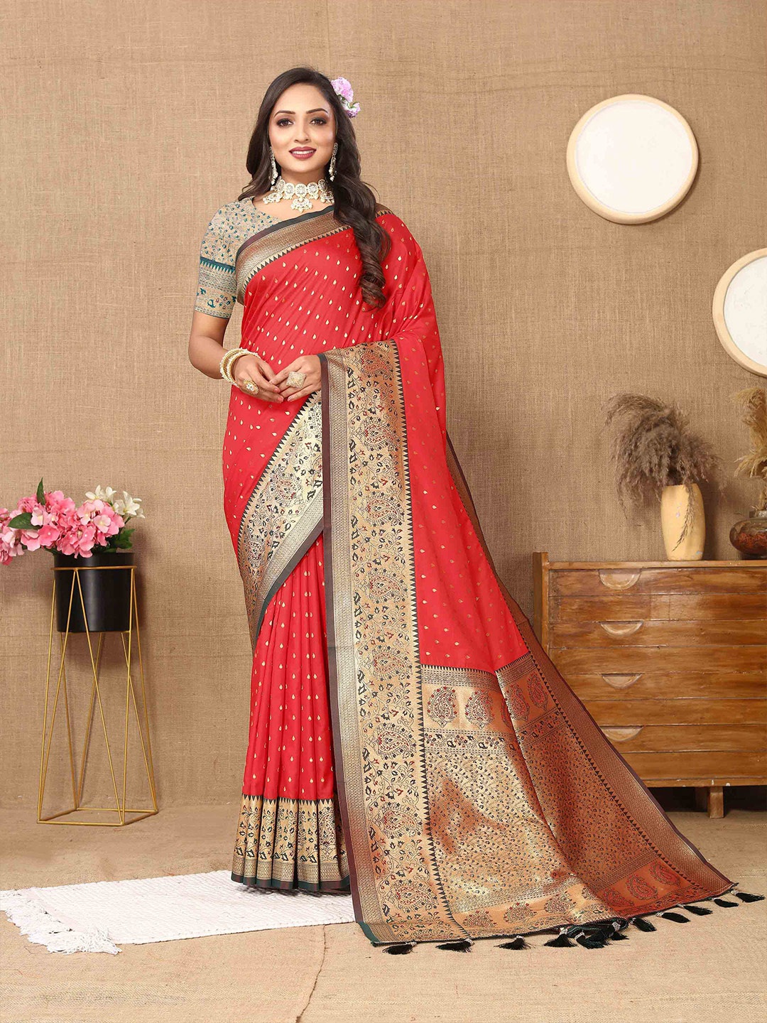 

Zeekha Woven Design Zari Pure Silk Kanjeevaram Saree, Red