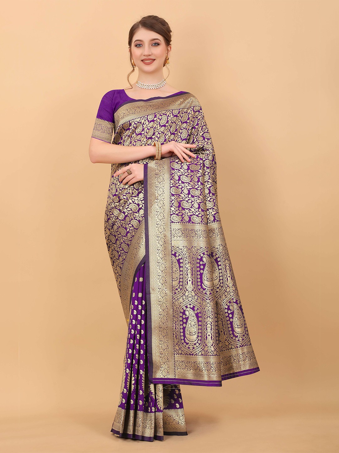 

Zeekha Woven Design Zari Pure Silk Kanjeevaram Saree, Purple