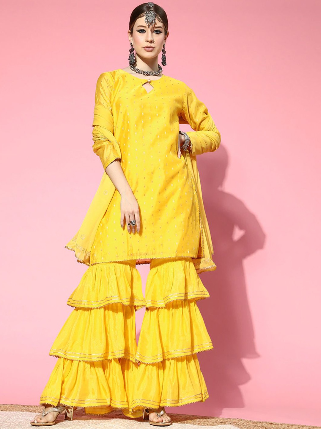 

AHIKA Geometric Woven Design Regular Straight Kurti with Sharara & Dupatta, Yellow