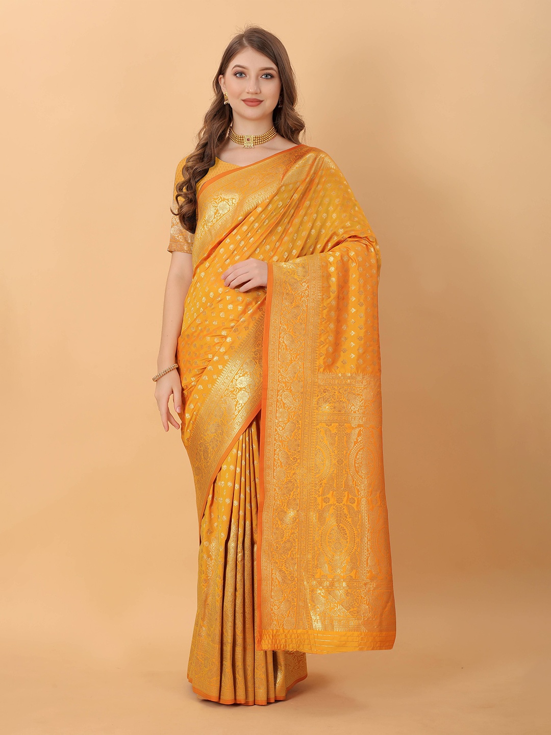 

Zeekha Woven Design Zari Pure Silk Kanjeevaram Saree, Mustard