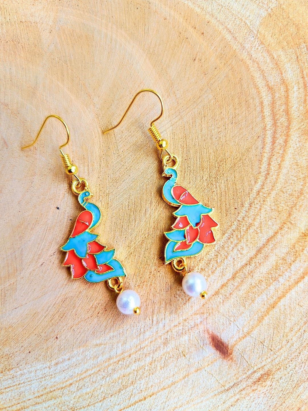 

Sangria Gold-Plated Meenakari Peacock Shaped Beaded Drop Earrings