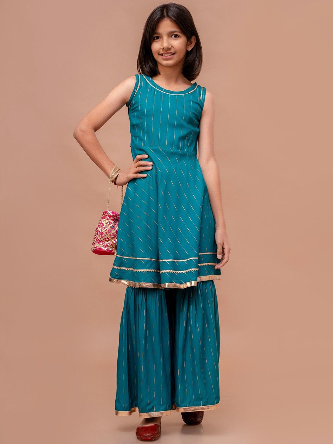 

NYPA Girls Printed Gotta Patti Kurta with Sharara, Turquoise blue