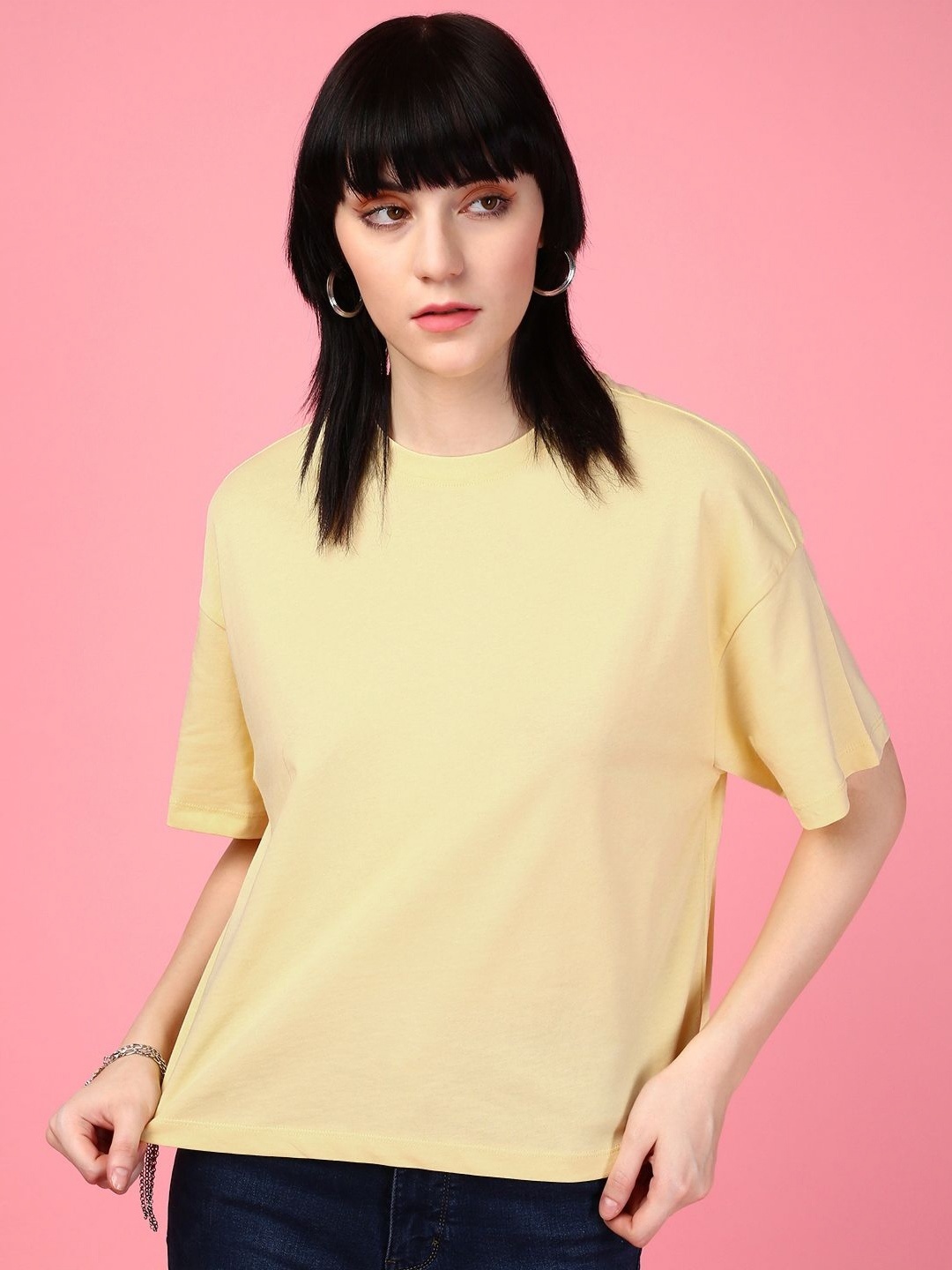 

DressBerry Women Solid Round Neck Cotton Boxy T-shirt, Yellow